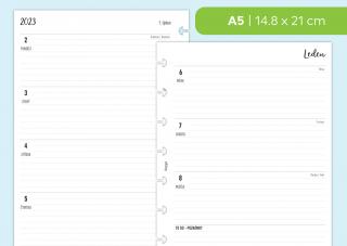 Náplň do diáře - Kalendář ČERVENEC - PROSINEC 2023, týden/2 stranu, horizontální linkovaný Velikost náplně: A5 - 8 disků / Filofax Notebook