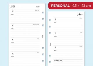 Náplň do diáře - Kalendář ČERVENEC - PROSINEC 2023, týden/2 stranu, horizontální linkovaný Velikost náplně: Personal