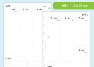 Náplň do diáře - Kalendář ČERVENEC-PROSINEC 2023, týden/2 stranu, vertikální čistý Velikost náplně: A5 - 8 disků / Filofax Notebook