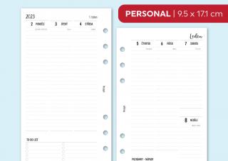 Náplň do diáře - Kalendář ČERVENEC-PROSINEC 2023, týden/2 stranu, vertikální linkovaný Velikost náplně: Personal