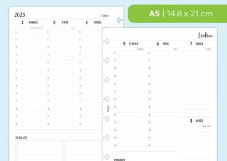 Náplň do diáře - Kalendář ČERVENEC-PROSINEC 2023, týden/2 stranu, vertikální linky + časy Velikost náplně: A5 - 8 disků / Filofax Notebook