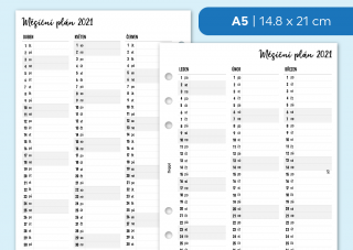 Náplň do diáře - Měsíční plán 2021 Velikost náplně: A5 - 6 dírek