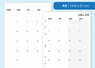 Náplň do diáře - Měsíční přehledy 2022, měsíc/2 strany Velikost náplně: A5 - 6 dírek