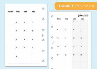 Náplň do diáře - Měsíční přehledy 2022, měsíc/2 strany Velikost náplně: Pocket