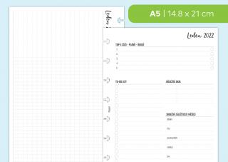 Náplň do diáře - Měsíční přehledy 2022, měsíc/4 strany Velikost náplně: A5 - 8 disků / Filofax Notebook