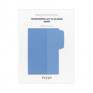 Samolepicí bloček Transparentní listy se záložkou modré | 75x50 mm, 30 listů