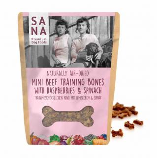 Hovězí mini pamlsky s malinami a špenátem 100g - SANA  (Mini Beef Training Bones with Raspberries and Spinach)