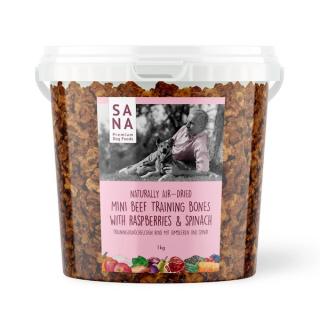 Hovězí mini pamlsky s malinami a špenátem (kyblík) 1 kg - SANA   (Mini Beef Training Bones with Raspberries and Spinach (Bucket) )