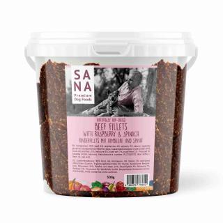 Hovězí plátky s malinami a špenátem (kyblík) 500 g - SANA  (Beef Fillets with Raspberries and Spinach (Bucket)  )