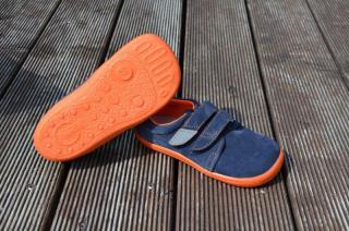 Beda barefoot BF 0001/W/N BLUE MANDARIN celoroční, kožené, nízké, chlapecké, 2x suchý zip, modrá/oranžová