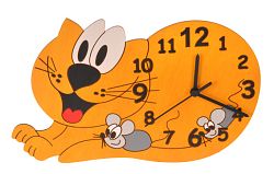 Dětské dřevěné hodiny na zeď - Kočka (Dětské hodiny do dětského pokojíčku - Funkční dětské dřevěné hodiny na zeď - Kočka)