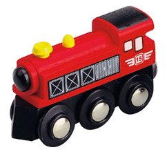 Dřevěné vláčky - Parní lokomotiva MAXIMčervená (Parní lokomotiva MAXIM.  Maxim Parní lokomotiva červená, 9 cm)