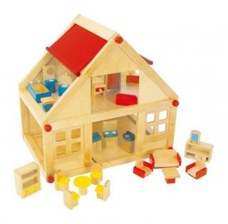 Dřevěný domeček pro panenky 26x40 (Dřevěný domeček pro panenky. Dřevěný domeček pro panenky včetně nábytku, 2 poschodí)