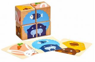 Lucy & Leo | Co zvířátka jedí - 4 dřevěné obrázkové kostky