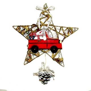 Vánoční hvězda - dekorace na vrátka Sněhulák (Zlatá hvězda s postavičkou sněhuláka v autě)