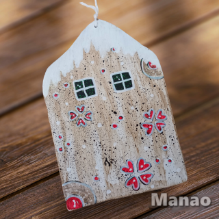 Zimní domeček ( chaloupka s cukrovím k zavěšení 2 (Dřevěný, ručně malovaný dárek)