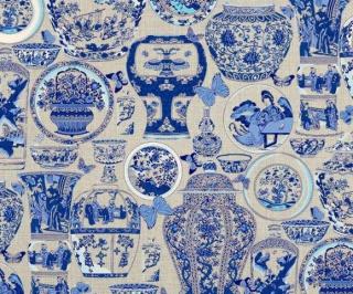 Asijské vázy v modré (pevná silná bavlna na polštáře, přehozy, závěsy)