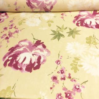 Fialové květy na zlatožluté  SLEVA (květinová bavlna na závěsy, ubrusy, polštáře)