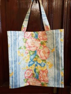 Látková taška s uchy "Květy v pruzích" (originální taška do ruky i přes rameno)