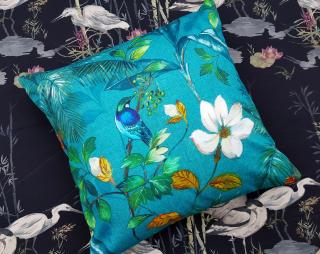 Ptáčci a květy v mořské modré (originální dekorativní polštář  50x50cm)