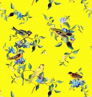 Ptáčci ve větvích na žluté (výrazná látka na závěs, polštáře, ubrusy....)