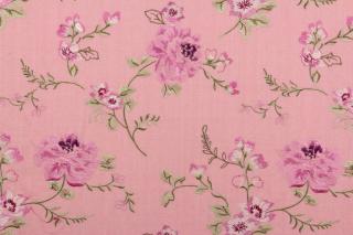 Vyšívané květy na růžové  CA166 (půvabná květinová výšivka na bavlně - na závěsy, na polštáře....)