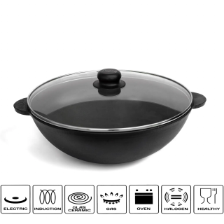 Litinová pánev WOK se skleněnou poklicí 3,7l 280x96 mm