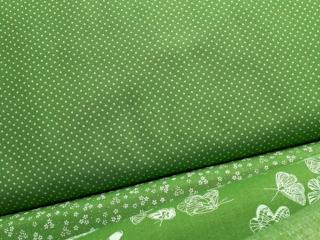 Bílé puntíčky - zelená látka - plátno - bavlna - metráž - 150 cm
