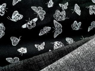 Bílí motýlci - černá látka - plátno - bavlna - metráž 150 cm
