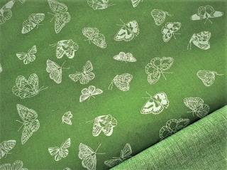 Bílí motýlci - zelená látka - plátno - bavlna - metráž 150 cm