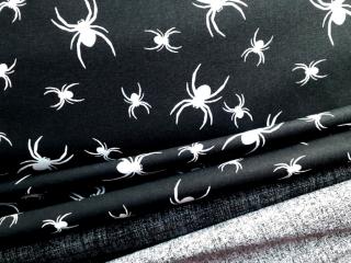 Bílí pavoučci - černá látka - plátno - bavlna - metráž 150 cm