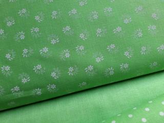 Drobné bílé kytičky - světle zelená pastelová látka - plátno - bavlna - metráž - 150cm