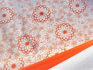 Oranžové květy - bílá látka - plátno - bavlna - metráž