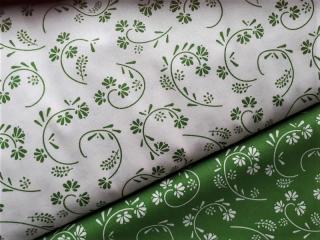 Zelené květy na stonku - bílá látka - plátno - bavlna - metráž - 150 cm