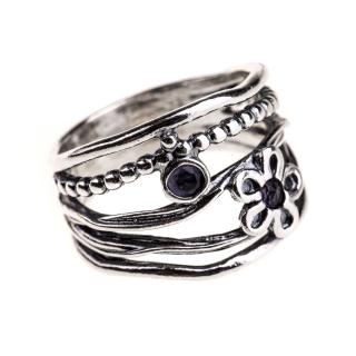 Stříbrný prsten s kytičkou a ametysty - Velikost 8 - Ag 925/1000 - Shablool