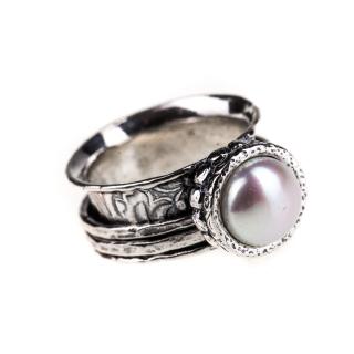 Stříbrný prsten s perlou a pohyblivými kroužky - Velikost 8 - Ag 925/1000 - Shablool