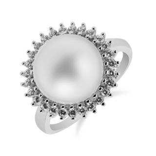 Luxusní stříbrný prsten s velkou perlou a kyticí zirkonů - Meucci SP40R Velikost: 52