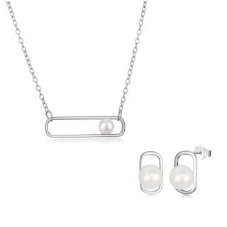 Stříbrná sada náušnic a náhrdelníku s obdélníkovou ozdobou zdobenou říční perlou -  Meucci SYN017/SYE114