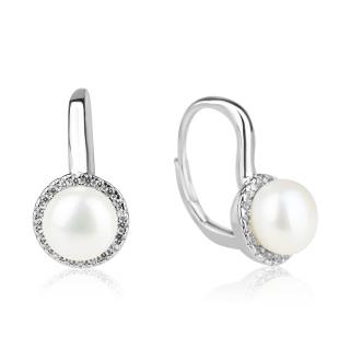 Stříbrné náušnice s perlou a zirkony okolo s klasickým patentem - Meucci SE382