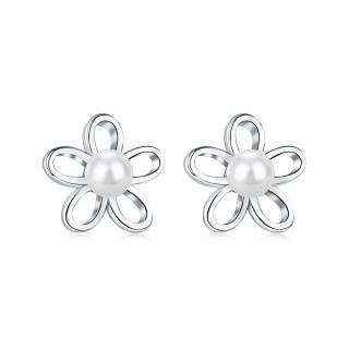 Stříbrné náušnice ve tvaru květiny s říční perlou - Meucci SYE119