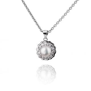 Stříbrný náhrdelník s perlou a kyticí zirkonů okolo - Meucci SP95N Velikost: 42