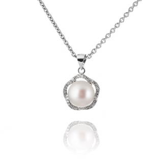 Stříbrný náhrdelník s perlou uprostřed a zirkony okolo - Meucci SP57N Velikost: 42