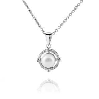 Stříbrný náhrdelník s výraznou perlou a zirkony okolo - Meucci SP11N Velikost: 42