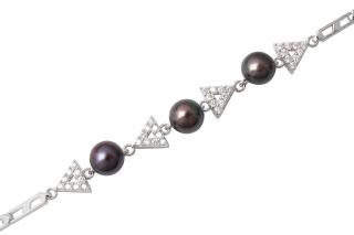 Stříbrný náramek s černými říčními perlami a zirkony - Meucci TAB019