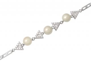 Stříbrný náramek s říčními perlami a trojúhelníčky se zirkony - Meucci TAB008