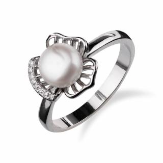 Stříbrný prsten s kytkou a perlou uprostřed se zirkony - Meucci SP72R Velikost: 52