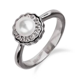 Stříbrný prsten s perlou a kyticí zirkonů okolo - Meucci SP95R Velikost: 52