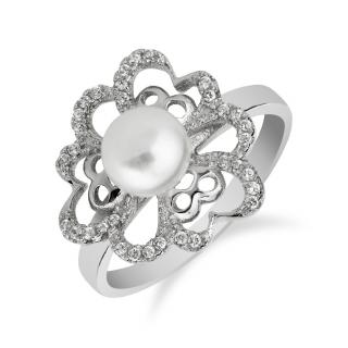 Výrazný stříbrný prsten s kytkou a perlou - Meucci SP46R Velikost: 54