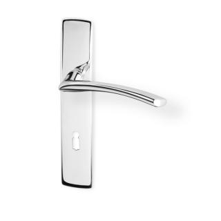 Dveřní kování SLZA HR chrom (Dveřní kování SLZA HR chrom se štítem s roztečí 72 nebo 90 mm, vhodná pro interiér, pro dozický (obyčejný), cylindrický (fab) zámek, nebo s uzamykací páčkou na WC.)