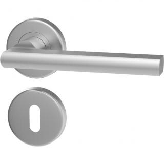 Klika METAL TUBE MT 11 s kulatou rozetou (Dveřní klika METAL TUBE MT 11 s kulatou rozetou, z nerez oceli DIN 1.4301, s matným povrchem, vhodná pro interiér i exteriér, pro dozický (obyčejný), cylindrický (fab) zámek,nebo s uzamykací páčkou wc)